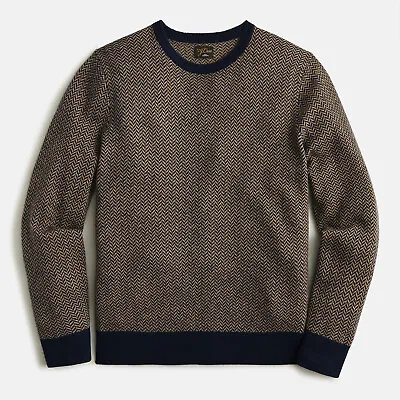 NWT J Crew 100% Cashmere Herringbone Jacquard Crewneck Sweater In Tan & Blue • $149.99