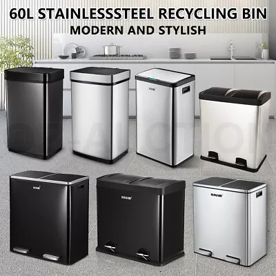 60L Dual Pedal Rubbish Bin Kitchen Garbage Waste Trash Can Dustbin Motion Sensor • $139.95