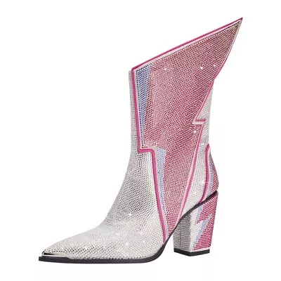 Lightning Boots Women Ankle Boots Rhinestones Pointed Toe Block Heels Zip Shoes • $65.99