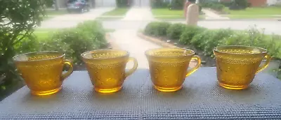 Amber Tea Cups Tiara Indiana Gold Sandwich Punch Glass Vintage Set Of 4 • $12.99