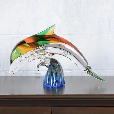 Stunning Murano Glass Dolphin Sculpture On Blue Blown Glass Wave • $1275