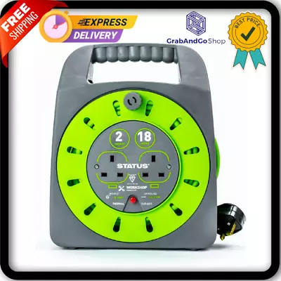 STATUS 2 Socket Cable Reel | 18m Green Extension Lead | 13A With Thermal Cut Out • £31.90