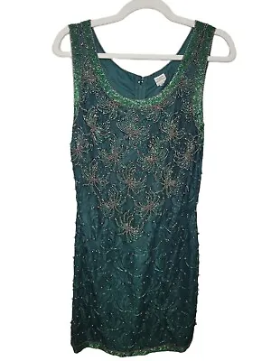 Vntg Green Hand Beaded Midi Sleeveless Gatsby Mardi Gras Cocktail Party Dress S • $67.50