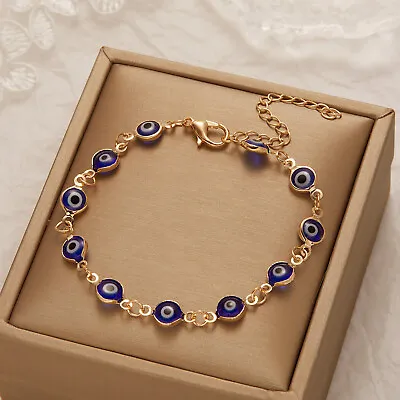 $1.19 • Buy 6mm Gold Plated Devil Eye Beaded Bracelet Turkish Blue Evil Eye Bracelet Women