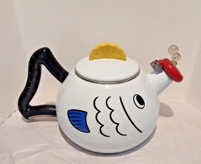 VTG Tea Pot Kettle Kamenstein Enamel White Fish Bubbles Whistling MCM Whimsical • $42.99