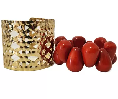 Lot Of 2 Womens Bracelets/Red 'Tagua Drop' Stretch/ Gold Tone Cut Out Cuff • $25.99