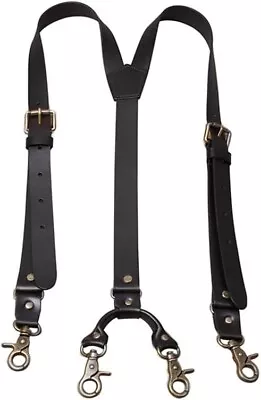 Leather Mens Suspenders Heavy Duty Y Back Adjustable 4 Metal Snap Hooks Vintage • $36.54