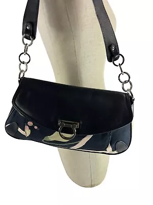 Vintage SALVATORE FERRAGAMO Gancini Black Canvas And Leather Shoulder Bag Flower • $220