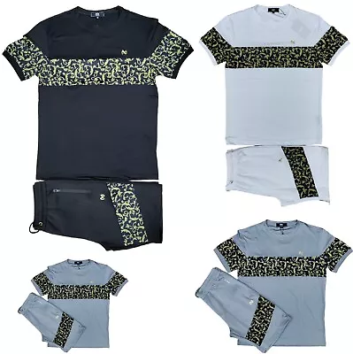 Mens Cotton T Shirt + Polyester Shorts Set Gold Print Tracksuit Gym Casual Wear • £24.99