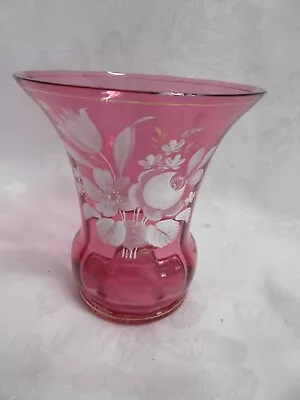 Mary Gregory Cranberry Glass 5 1/4  Vase Hand Painted W Floral Bouquet Ex! • $7