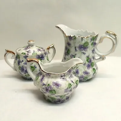 VTG 3pc Lefton China Violet Chintz Creamer NE661V & Mini Sugar Creamer 794 Japan • $24.99