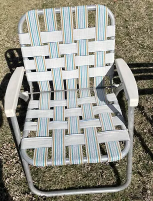 Vintage Aluminum Folding Lawn Chair Blue White Gold  Webbed Strap Lawn Chair • $30