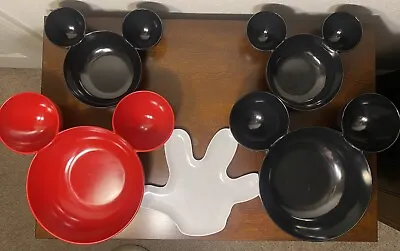 Zak! Designs Disney Mickey Mouse Head Chip Dip Bowl Black & Red 2X Sm 2X Lrg+Plt • $75
