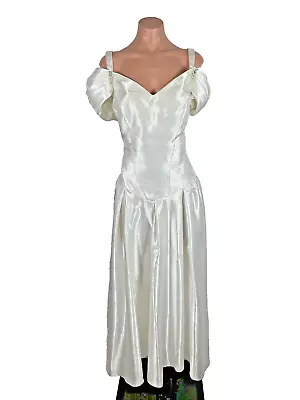 Vintage Jordan 80s Prom Dress Gown Off Shoulder White Satin Drop Waist PLUS 2X • $120