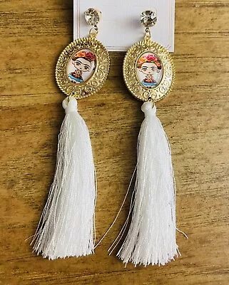 Frida Kahlo Pom Pom Earrings White • $10