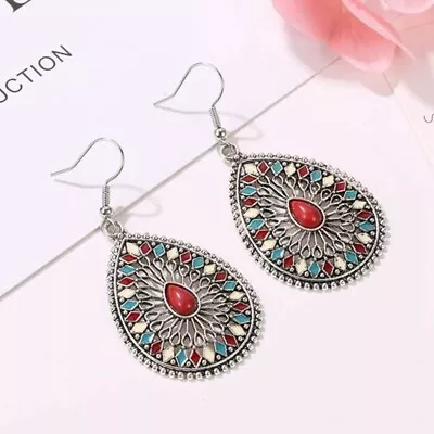 £4.29 • Buy Vintage Boho Ethnic Indian Silver Multi-coloured Tear Drop Dangle Earrings UK