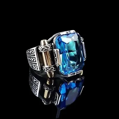 Men's Ring 925K Sterling Silver Turkish Jewelry Blue Topaz Stone All Size • £53.97