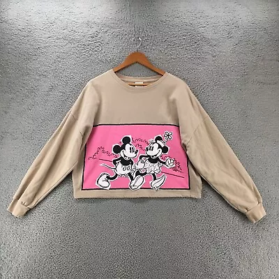 Disney Mickey Mouse Cropped Pullover Sweatshirt Womens Xl Beige Round Neck Print • $19.99