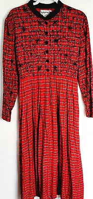 Vtg Red Yellow Plaid Maxi Dress Velvet Black Collar Buttons Sz 12 M Modest Goth • $18