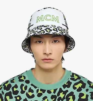 MCM Leopard Print Bucket Hat Multi Logo Embroidered Adjustable NWT $290 • $159