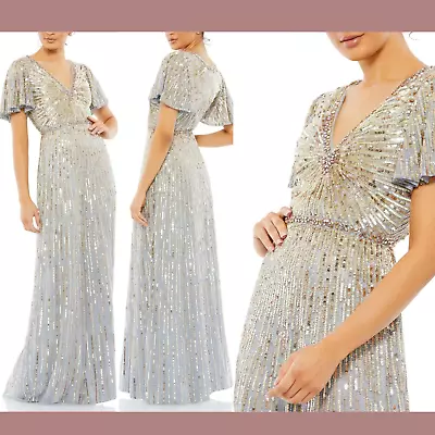 NWD $598 Mac Duggal [ 22 ] Embellished V-Neck Butterfly Sleeve Gown Silver #S968 • $175.99