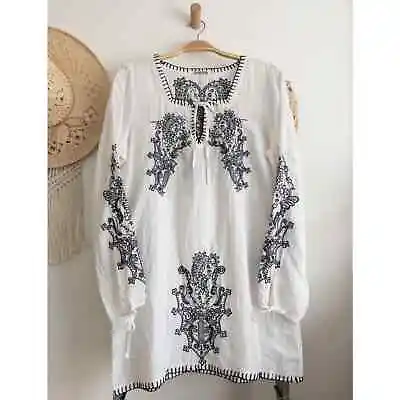 MonoReno White And Blue Boho Embroidered Linen Dress Size Large • $32