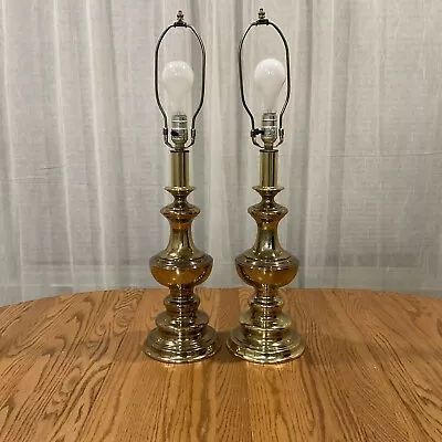 Vtg Leviton Mid Century Table Lamps Heavy Brass Set Of 2 28 Inches Tall • $180