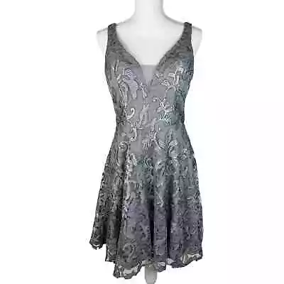  Marina Silver Fit And Flare Sequin Lace V-Neck Party Cocktail Dress Wedding 8 • $59