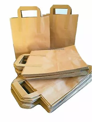 50 SMALL Brown Craft Paper Carrier Bags With Flat Handles For Lunch Gifts Bags • £10.99