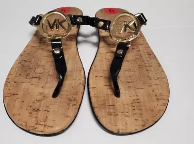 MICHAEL KORS Black Jelly Cork Thongs Flat Sandals Flip Flop Gold US Size 6/36M • $22.50