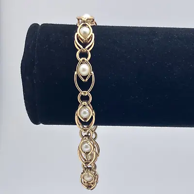 Vintage 14K Yellow Gold Double Chain Link Caged Pearl Bracelet • $475