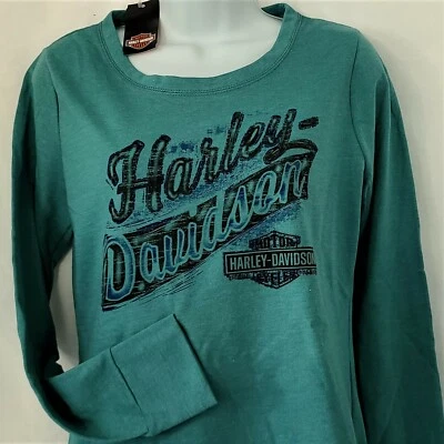 $23.98 • Buy HARLEY DAVIDSON LS Shirt Teal Hi Low Heavy Bar And Shield Cuff Chest43 Womens M
