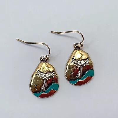 Ocean Sea Whale Tail Design Gold Silver Tone Mini Teardrop Dangle Hook Earrings • $8.99