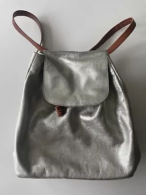 John Lewis Silver Leather Preloved Rucksack With Tan Leather Straps 36x36cm • £2.99