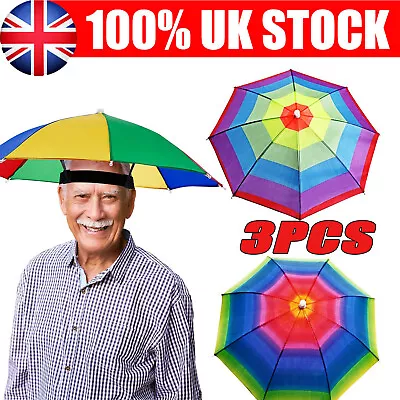 Rainbow Umbrella Hat Adjustable Elastic Headband Waterproof Cloth Parasol Hat 3x • £10.95
