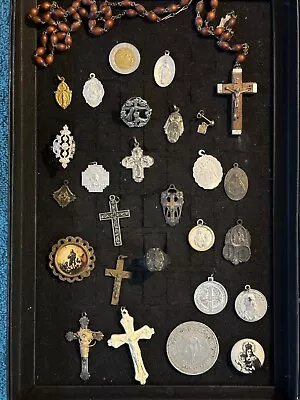 Vtg Lot Of Religious Pendants Crosses Very Old Silver Rosary Rings Pins Buttons • $40.50