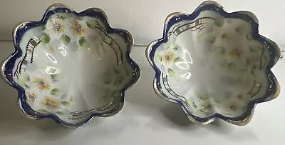 Vintage Pair Japanese Porcelain Hand Painted Scalloped Edge Footed Bowls • £9.99