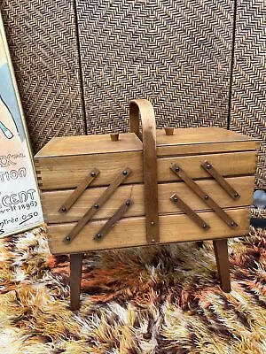 Vintage Sewing Box Wooden Cantilever Mid Century Contents Cotton Reels Buttons • £59.99