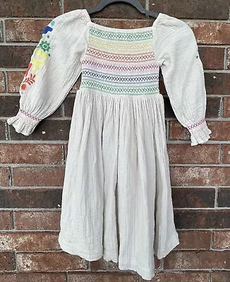 Mini Boden Sz 5-6 Y Embroidered Colorful Cream Smocked Dress Girls Summer • $29