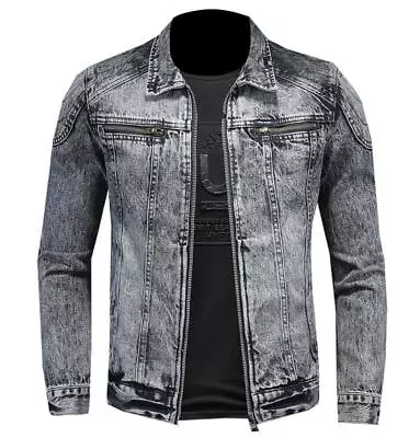 Men's Gray Denim Jean Jacket Zipper Pockets Motorcycle Punk Hip Hop Coat Cotton • $104.39