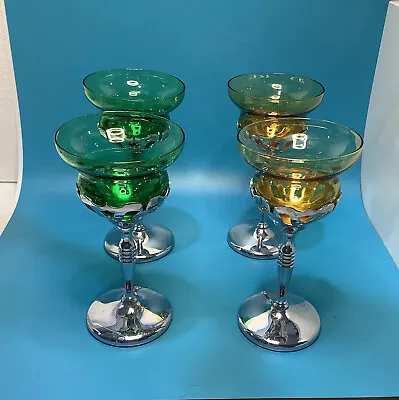 Set Of 4 Vtg. Farberware Cambridge Multicolored Glasses With Chrome Stem GUC !! • $38