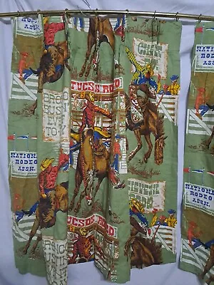 Vtg Barkcloth Curtains 4 Panels Western Rodeo Cowboy Bronco  Pinch Pleat    • $139.99