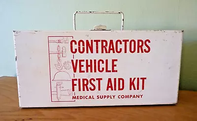 Vintage Contractors Vehicle First Aid Kit Metal Wall Mount Empty Box White Red • $15