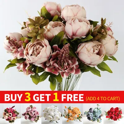 13 Heads Silk Peony Artificial Flowers Wedding Bouquet Home Party Outdoor Decor • £6.88