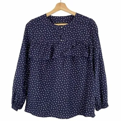 J. Crew Women Blouse Blue White Apples Silk Blend Long Sleeve Ruffle Relax Top S • $34.99