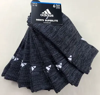 Adidas Men's Crew Socks 6 Pack 6-12 Black Aeroready Superlite Logo New MSRP$20 • $16.95