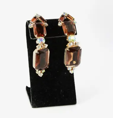 Vintage Rootbeer Glass Rectangular Cab AB Crystals 3  Long Drop Massive Earrings • £39.40