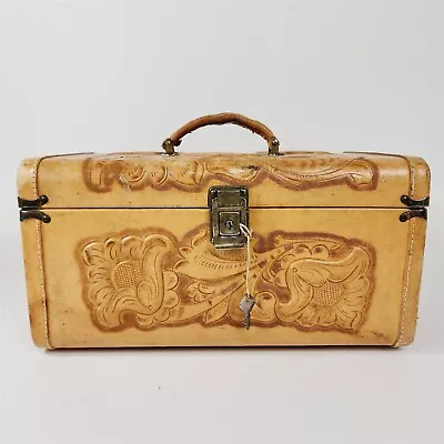 Vintage Hand Tooled Leather Train Case Makeup Luggage W/ Key • $159.95