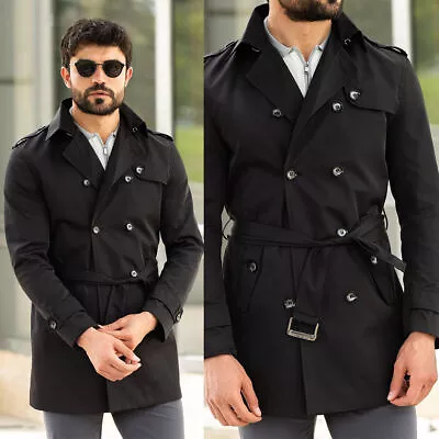 Black Men's Safari Jackets Hunting Vintage With Belt Sport Casual Leisure Coats • $75.64