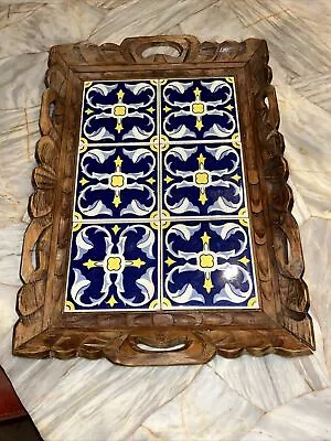 Mexico Handmade Ornate Wood Tray W Talavera Ceramic Tile Blue Yellow • $49.99